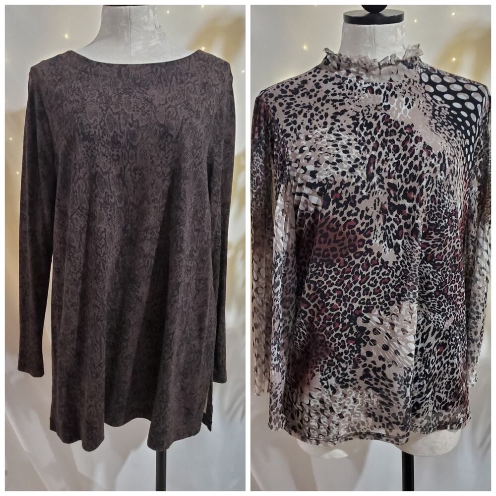 Chicos Womens Lot of 2 Animal Print Tops Size 2 L Career Office Work Shirt Set